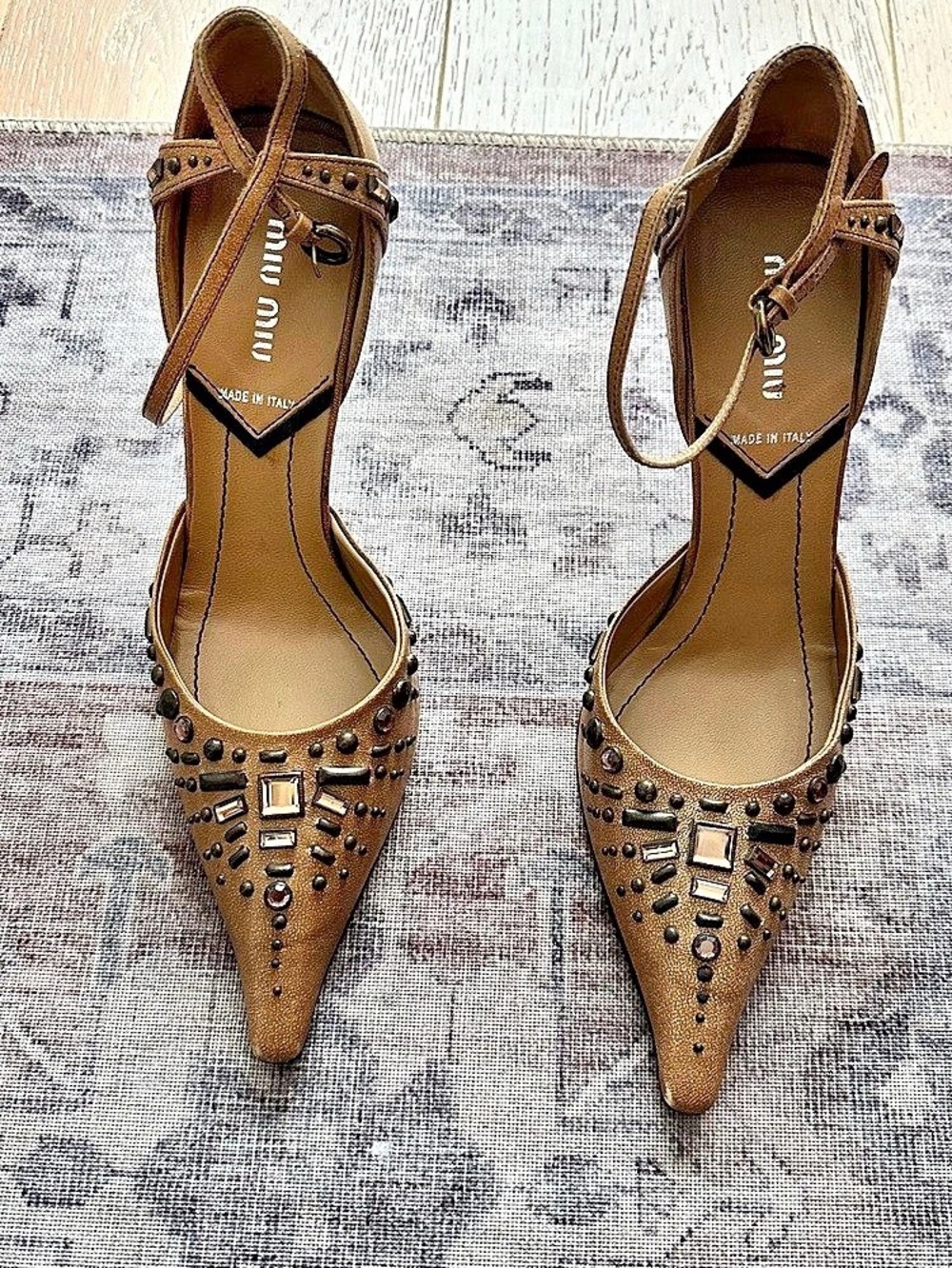 Vintage Mui Miu Embellished Pointed Toe Heels in Brown EU 38 y2k